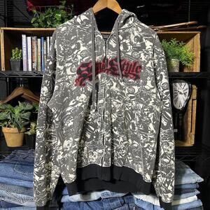 Vintage Y2K SouthStyle AOP Zip Up Skater Hoodie 2000s Grunge Grey Sweatshirt